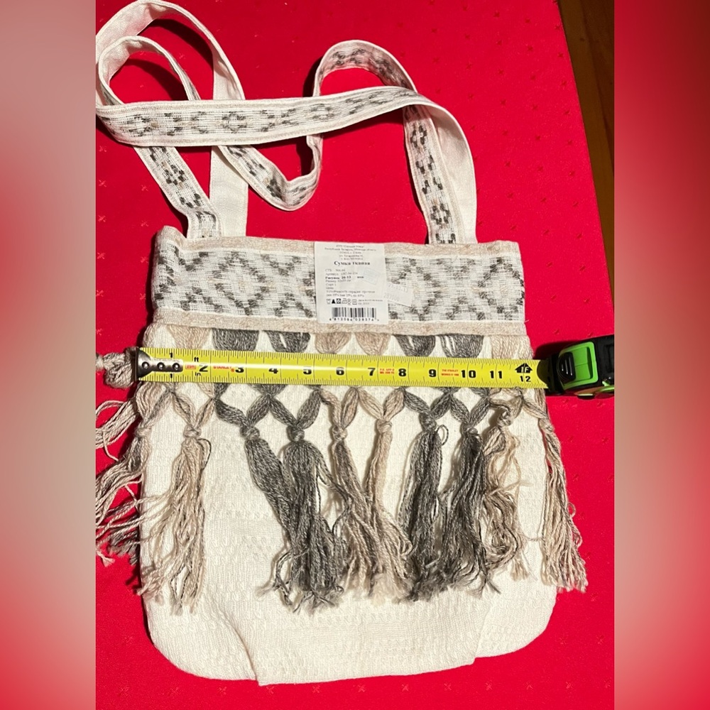 Linen Bohemian White and Gray Tassel Bag